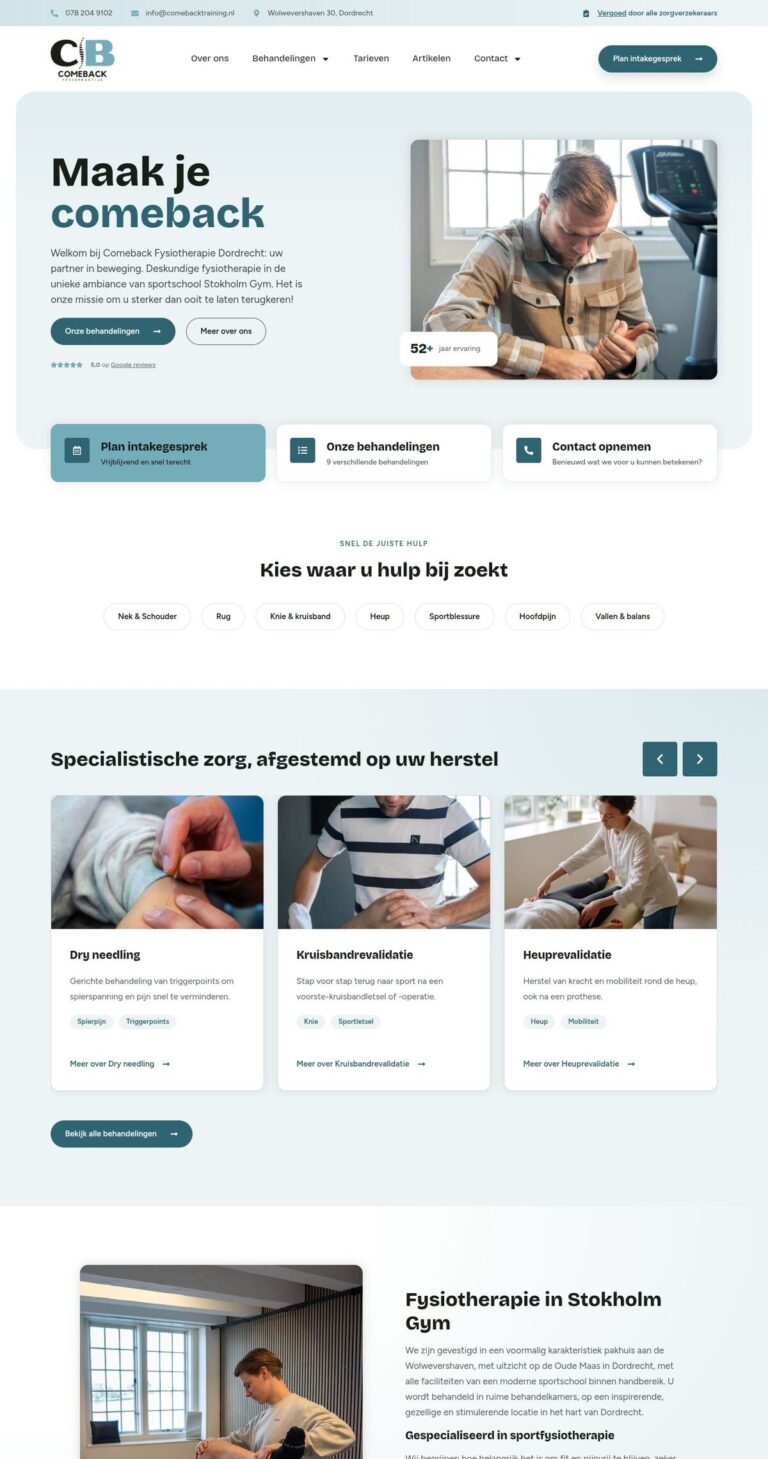 Screenshot website Comeback Fysiotherapie