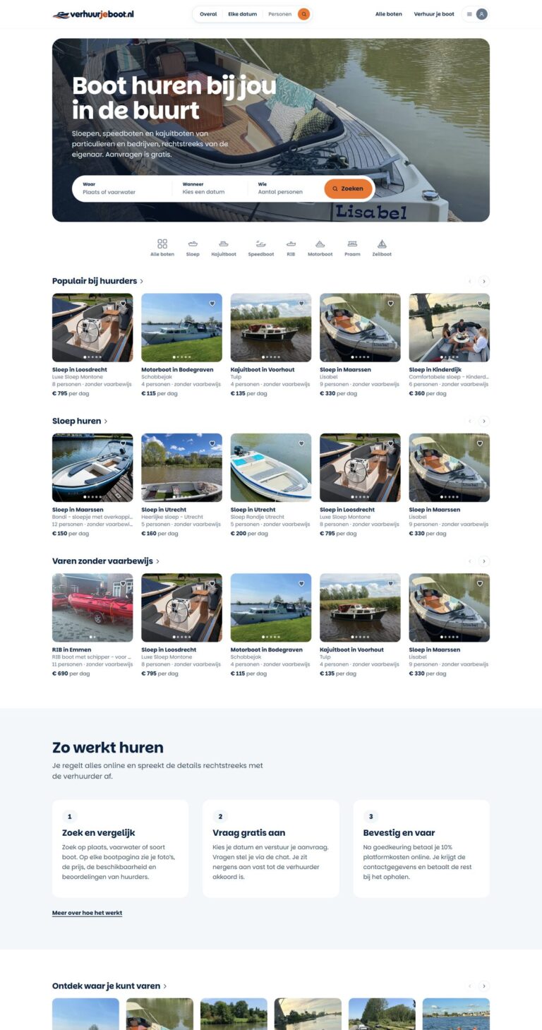 Homepage van de website van VerhuurJeBoot (verhuurjeboot.nl)